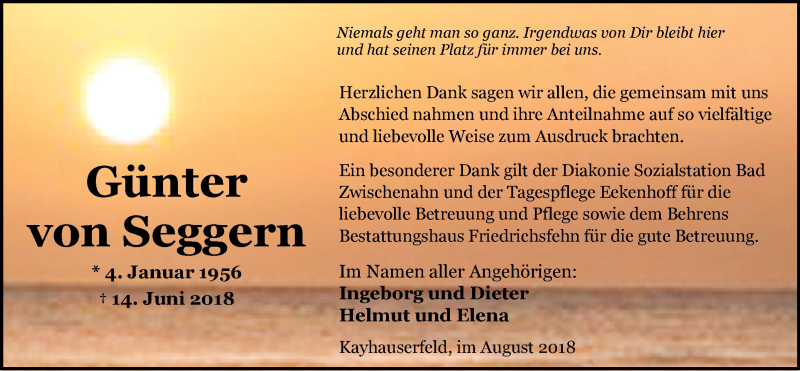  Traueranzeige für Günter von Seggern vom 04.08.2018 aus Nordwest-Zeitung