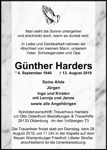 Traueranzeige von Günther Harders von Nordwest-Zeitung