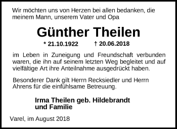 Traueranzeige von Günther Theilen von Nordwest-Zeitung
