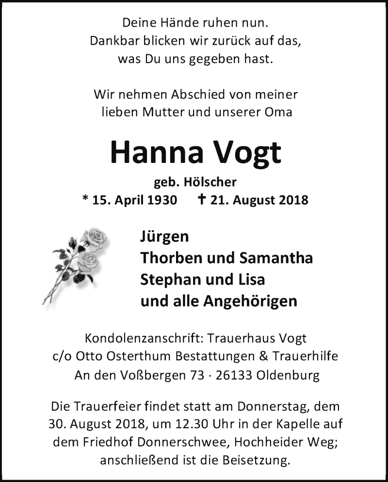  Traueranzeige für Hanna Vogt vom 27.08.2018 aus Nordwest-Zeitung