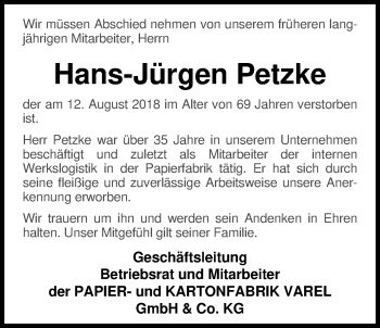Traueranzeige von Hans-Jürgen Petzke von Nordwest-Zeitung