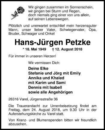 Traueranzeige von Hans-Jürgen Petzke von Nordwest-Zeitung