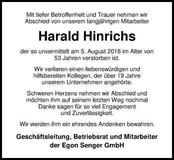 Traueranzeige von Harald Hinrichs von Nordwest-Zeitung