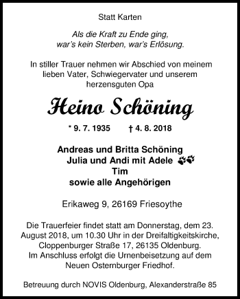 Traueranzeige von Heino Schöning von Nordwest-Zeitung