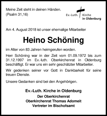 Traueranzeige von Heino Schöning von Nordwest-Zeitung