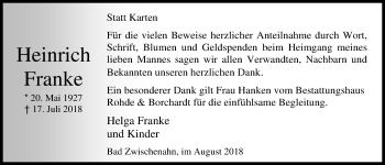 Traueranzeige von Heinrich Franke von Nordwest-Zeitung