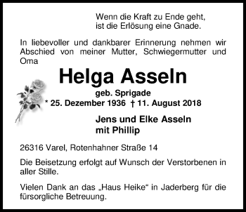 Traueranzeige von Helga Asseln von Nordwest-Zeitung