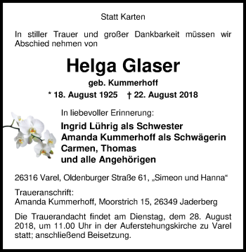 Traueranzeige von Helga Glaser von Nordwest-Zeitung
