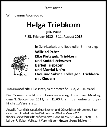 Traueranzeige von Helga Triebkorn von Nordwest-Zeitung