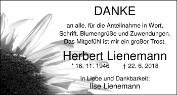 Traueranzeige von Herbert Lienemann von Nordwest-Zeitung