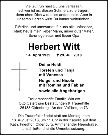 Traueranzeige von Herbert Witt von Nordwest-Zeitung