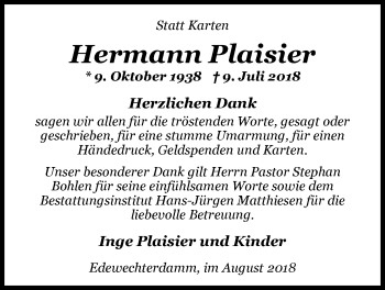Traueranzeige von Hermann Plaisier von Nordwest-Zeitung