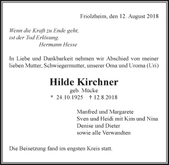 Traueranzeige von Hilde Kirchner von Nordwest-Zeitung