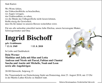 Traueranzeige von Ingrid Bischoff von Nordwest-Zeitung