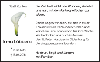 Traueranzeige von Irma Lübbers von Nordwest-Zeitung
