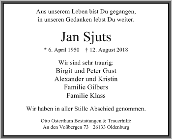 Traueranzeige von Jan Sjuts von Nordwest-Zeitung