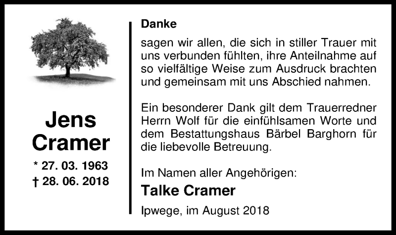  Traueranzeige für Jens Cramer vom 16.08.2018 aus Nordwest-Zeitung