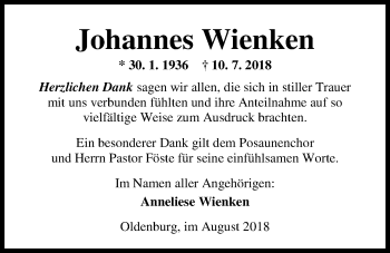 Traueranzeige von Johannes Wienken von Nordwest-Zeitung