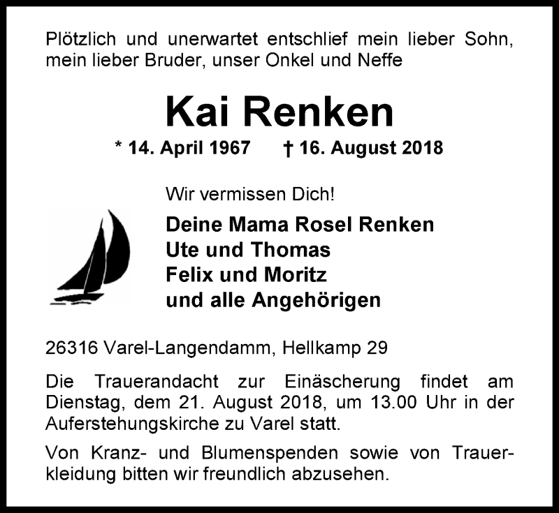  Traueranzeige für Kai Renken vom 18.08.2018 aus Nordwest-Zeitung
