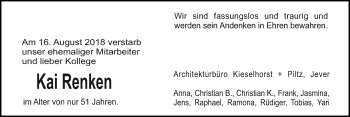 Traueranzeige von Kai Renken von Nordwest-Zeitung
