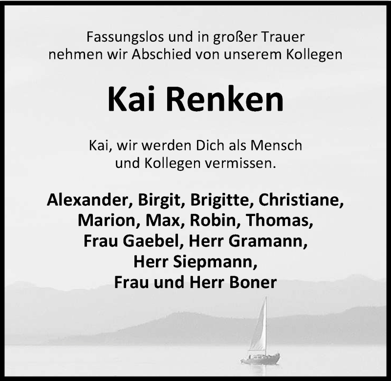  Traueranzeige für Kai Renken vom 21.08.2018 aus Nordwest-Zeitung