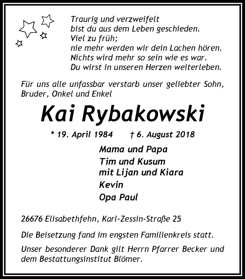  Traueranzeige für Kai Rybakowski vom 15.08.2018 aus Nordwest-Zeitung