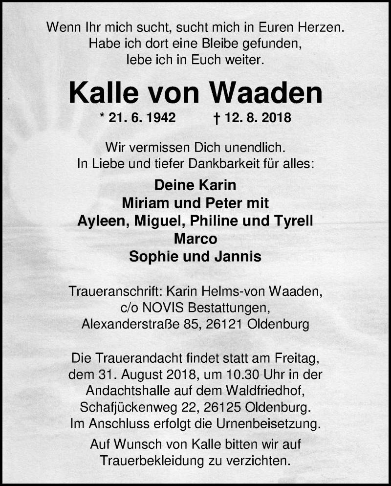  Traueranzeige für Kalle von Waaden vom 25.08.2018 aus Nordwest-Zeitung