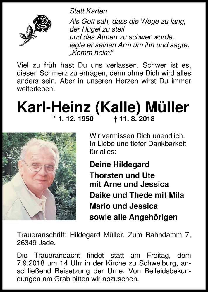  Traueranzeige für Karl-Heinz Müller vom 13.08.2018 aus Nordwest-Zeitung