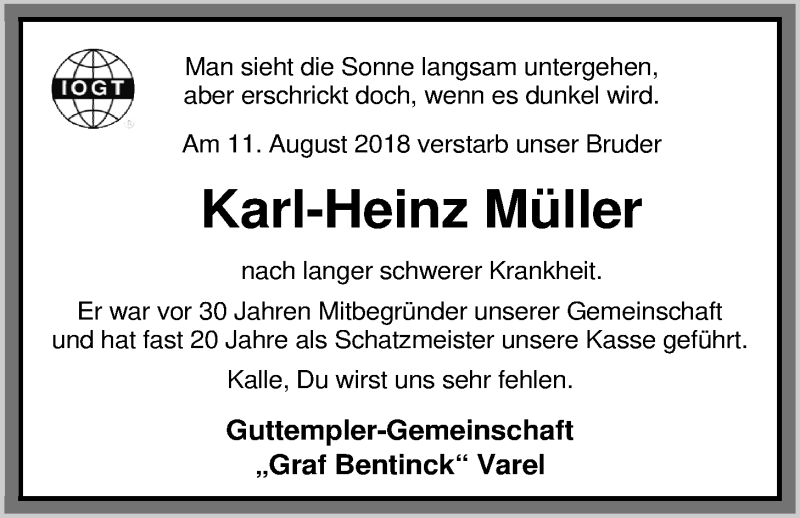  Traueranzeige für Karl-Heinz Müller vom 15.08.2018 aus Nordwest-Zeitung