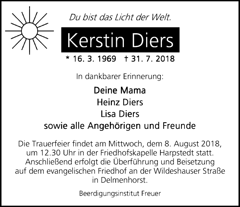  Traueranzeige für Kerstin Diers vom 04.08.2018 aus Nordwest-Zeitung
