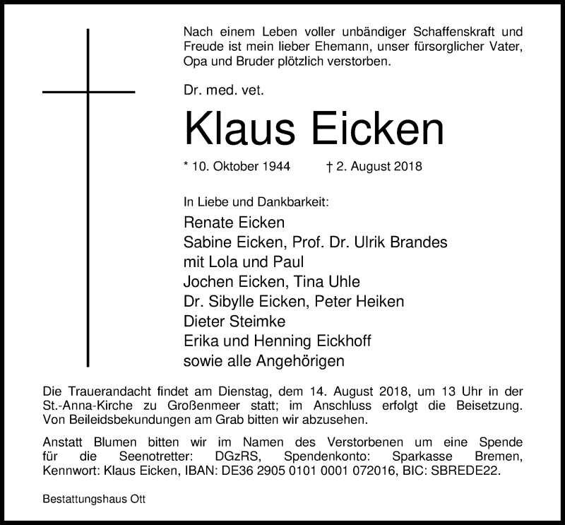  Traueranzeige für Klaus Eicken vom 08.08.2018 aus Nordwest-Zeitung