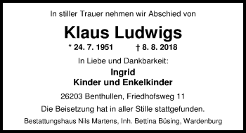 Traueranzeige von Klaus Ludwigs von Nordwest-Zeitung