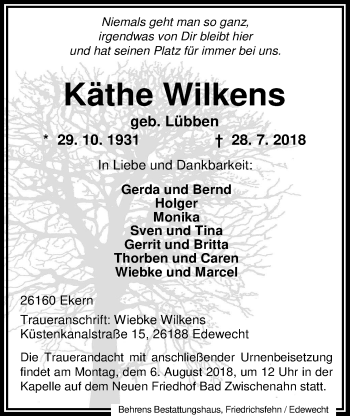 Traueranzeige von Käthe Wilkens von Nordwest-Zeitung