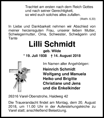 Traueranzeige von Lilli Schmidt von Nordwest-Zeitung