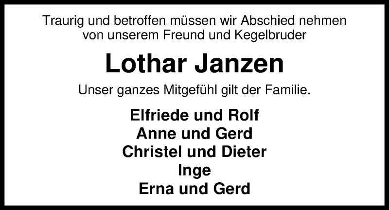  Traueranzeige für Lothar Janzen vom 30.08.2018 aus Nordwest-Zeitung
