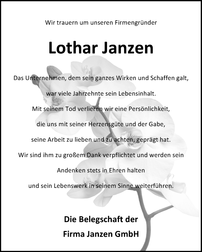  Traueranzeige für Lothar Janzen vom 30.08.2018 aus Nordwest-Zeitung