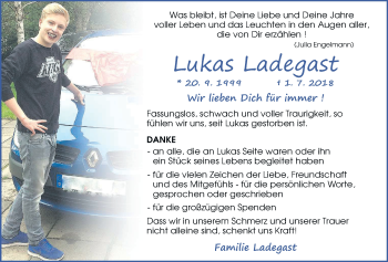 Traueranzeige von Lukas Ladegast von Nordwest-Zeitung