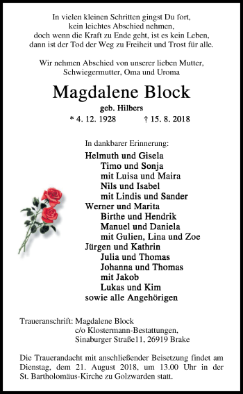 Traueranzeige von Magdalene Block von Nordwest-Zeitung