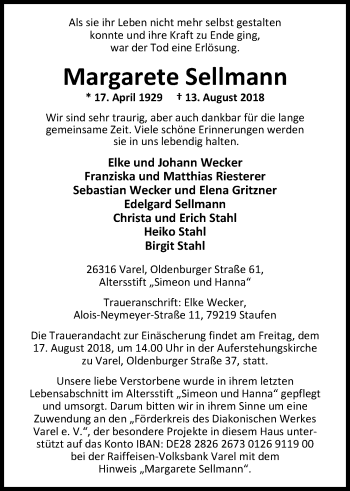Traueranzeige von Margarete Sellmann von Nordwest-Zeitung