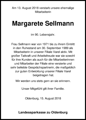 Traueranzeige von Margarete Sellmann von Nordwest-Zeitung