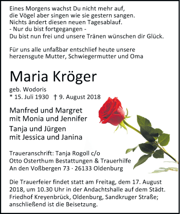 Traueranzeige von Maria Kröger von Nordwest-Zeitung