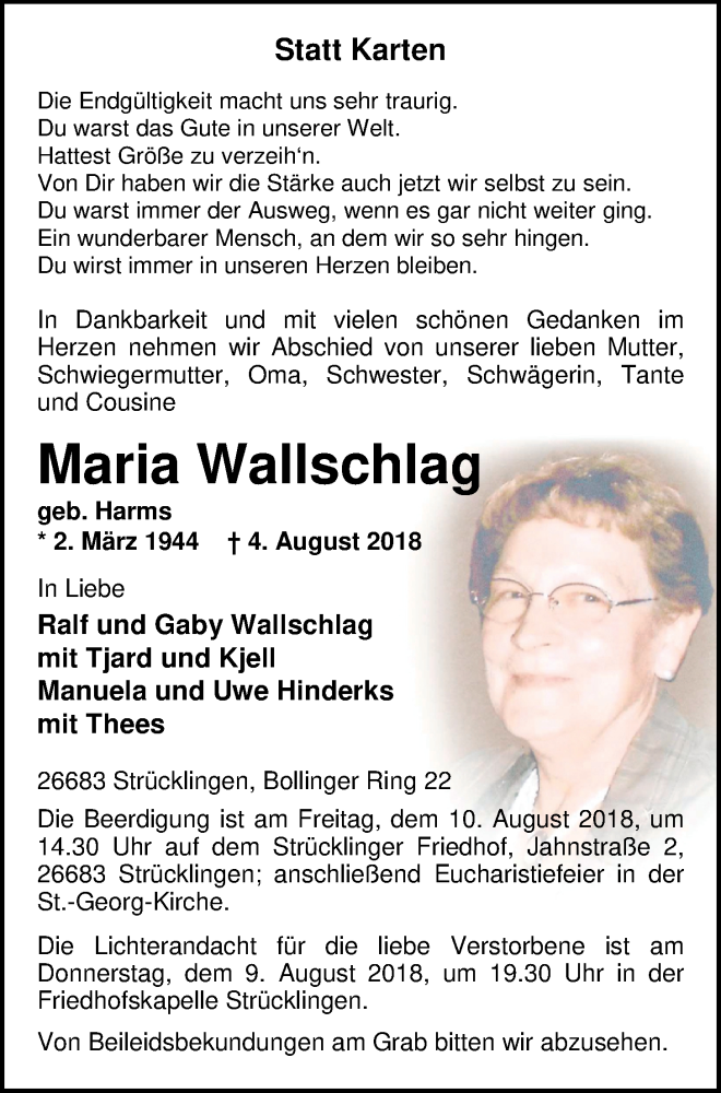  Traueranzeige für Maria Wallschlag vom 07.08.2018 aus Nordwest-Zeitung