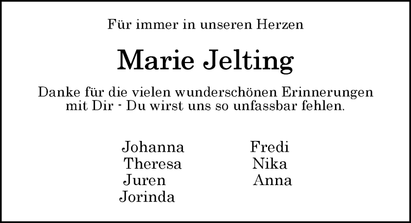  Traueranzeige für Marie Jelting vom 13.08.2018 aus Nordwest-Zeitung