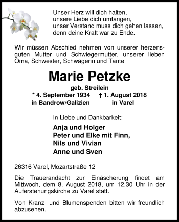 Traueranzeige von Marie Petzke von Nordwest-Zeitung