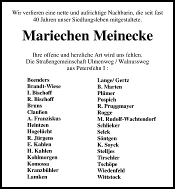 Traueranzeige von Mariechen Meinecke von Nordwest-Zeitung