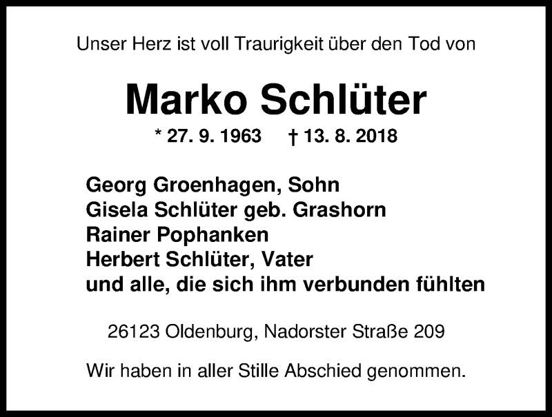  Traueranzeige für Marko Schlüter vom 25.08.2018 aus Nordwest-Zeitung