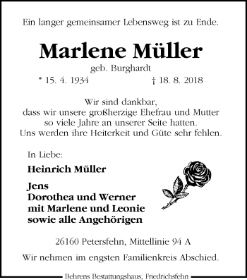 Traueranzeige von Marlene Müller von Nordwest-Zeitung