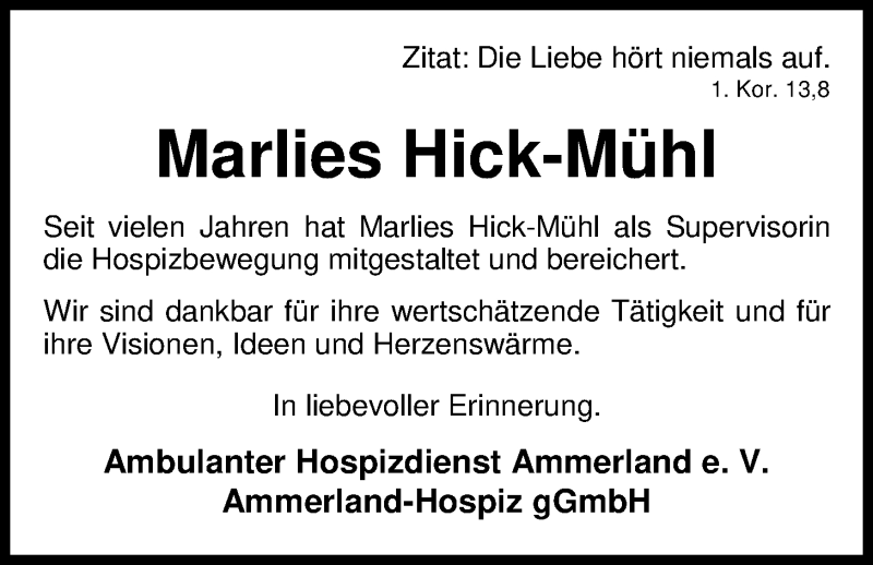  Traueranzeige für Marlies Hick-Mühl vom 08.08.2018 aus Nordwest-Zeitung