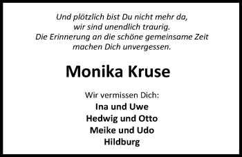 Traueranzeige von Monika Kruse von Nordwest-Zeitung