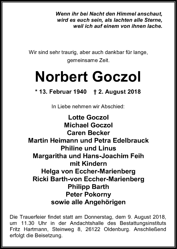  Traueranzeige für Norbert Goczol vom 07.08.2018 aus Nordwest-Zeitung